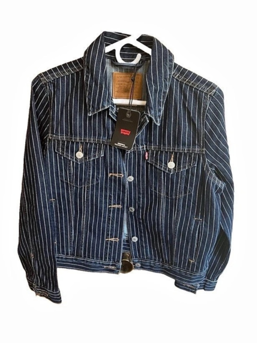 Levis Womens M Premium Pinstripe Dark Blue Denim Trucker Jacket NWT